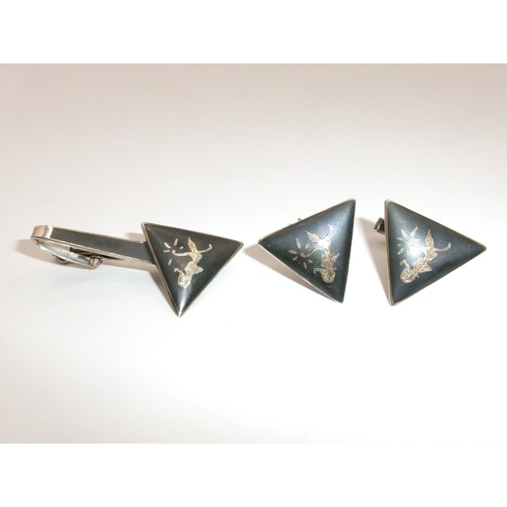Vintage SIAM Sterling Cufflinks & Tie Clip Bali Dancer Black & Silver Triangles
